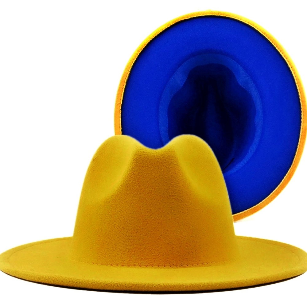 Yellow Felt Wide Brim Hat with Blue Lining